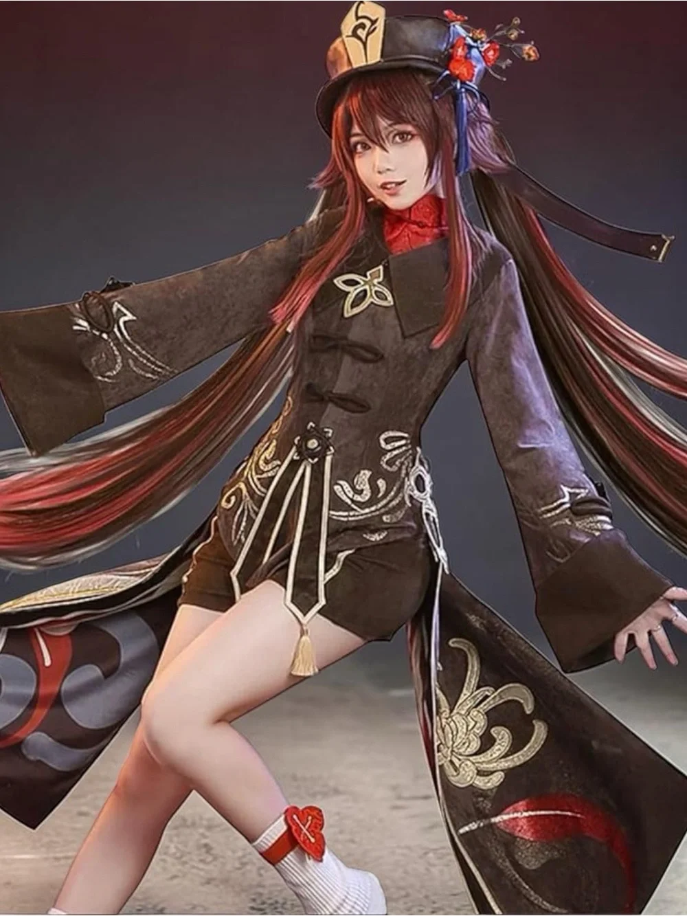 Hu-Tao Halloween Costume. Animation Woman set. Wig, hat, coat, shorts